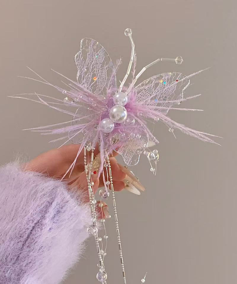 Beautiful Lace Hairpin Green Butterfly Feather Pearl Tassel FashionChic