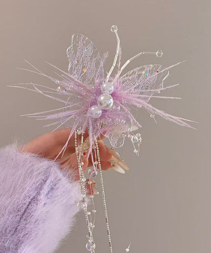 Beautiful Lace Hairpin Green Butterfly Feather Pearl Tassel FashionChic