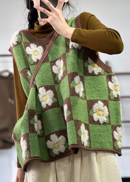 Beautiful Green Oversized Floral Knit Vests Winter OO012 OM-CS240816