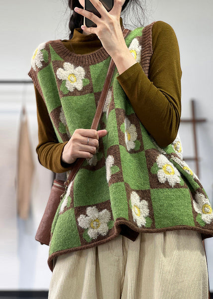 Beautiful Green Oversized Floral Knit Vests Winter OO012 OM-CS240816