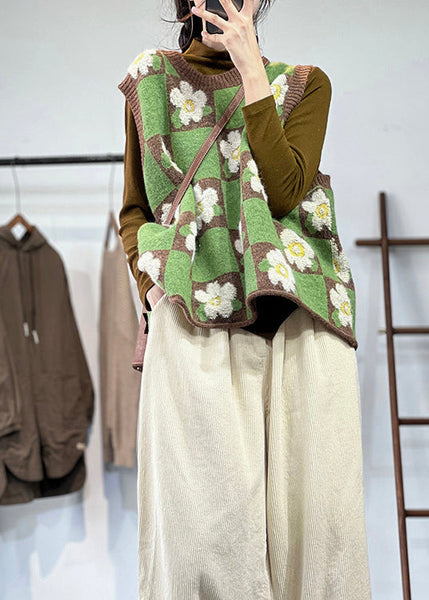 Beautiful Green Oversized Floral Knit Vests Winter OO012 OM-CS240816