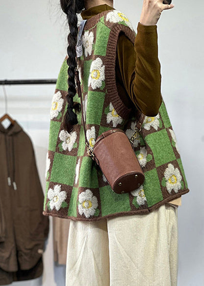 Beautiful Green Oversized Floral Knit Vests Winter OO012 OM-CS240816
