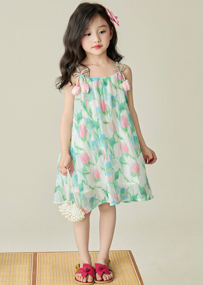 Beautiful Green Print Patchwork Cotton Girls Spaghetti Strap Dress Sleeveless EW038 WS-RCTZSDGL240809