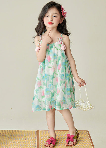 Beautiful Green Print Patchwork Cotton Girls Spaghetti Strap Dress Sleeveless EW038 WS-RCTZSDGL240809