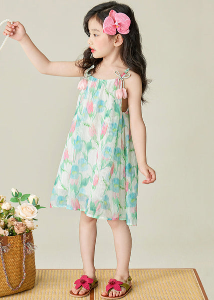 Beautiful Green Print Patchwork Cotton Girls Spaghetti Strap Dress Sleeveless EW038 WS-RCTZSDGL240809