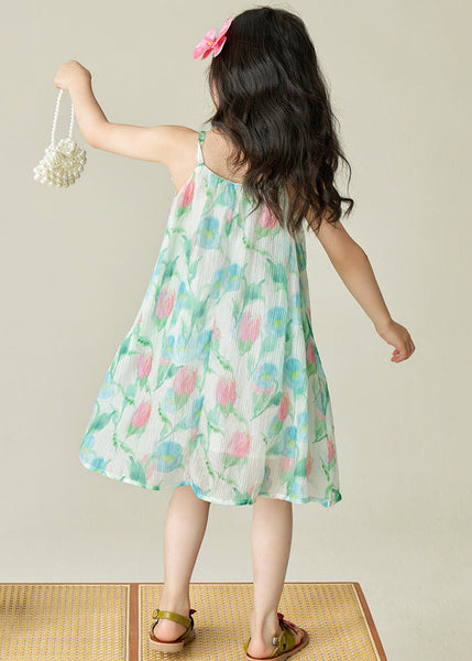 Beautiful Green Print Patchwork Cotton Girls Spaghetti Strap Dress Sleeveless EW038 WS-RCTZSDGL240809