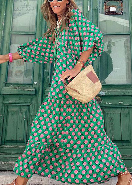 Beautiful Cotton Sleeve Dresses Print Long Puff Neck V Green FashionChic