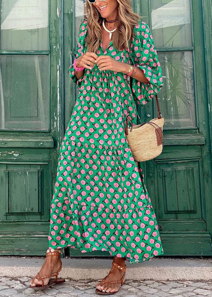 Beautiful Cotton Sleeve Dresses Print Long Puff Neck V Green FashionChic