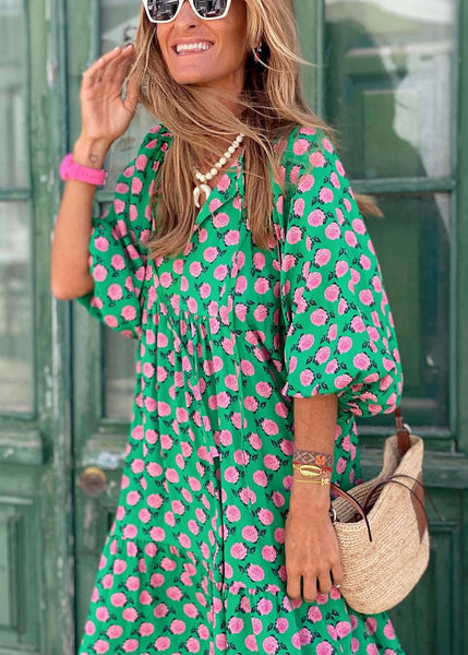 Beautiful Cotton Sleeve Dresses Print Long Puff Neck V Green FashionChic