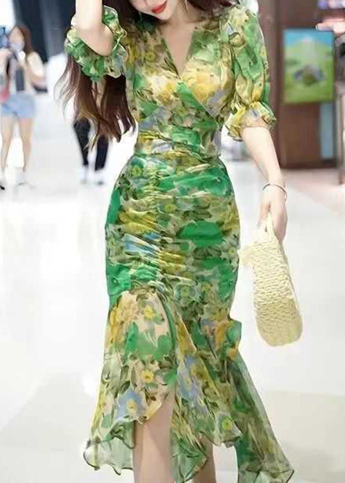 Beautiful Green V Neck Print Patchwork Chiffon Long Dress Summer XX051 SH-LF-SDL240611