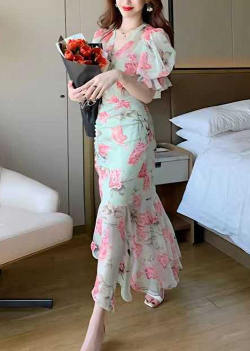 Beautiful Green V Neck Print Patchwork Chiffon Long Dress Summer XX051 SH-LF-SDL240611