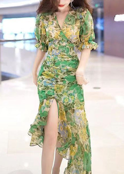 Beautiful Green V Neck Print Patchwork Chiffon Long Dress Summer XX051 SH-LF-SDL240611