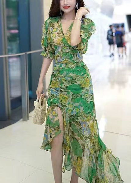 Beautiful Green V Neck Print Patchwork Chiffon Long Dress Summer XX051 SH-LF-SDL240611