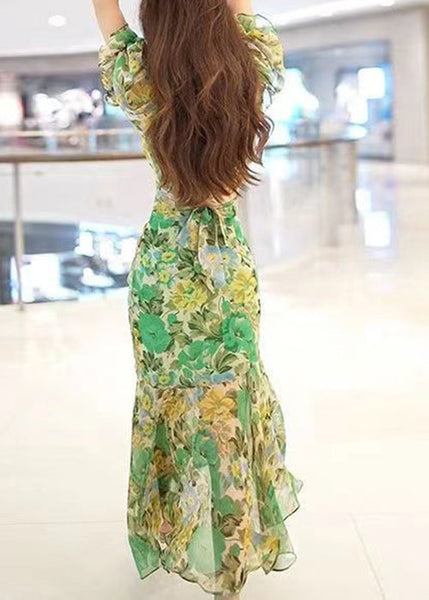 Beautiful Green V Neck Print Patchwork Chiffon Long Dress Summer XX051 SH-LF-SDL240611
