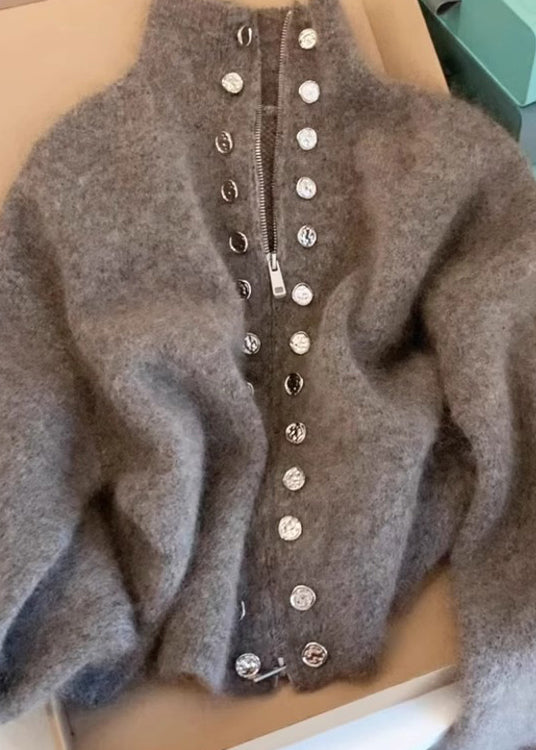 Beautiful Grey High Neck Zip Up Woolen Knit Cardigans Spring TN025 ABC