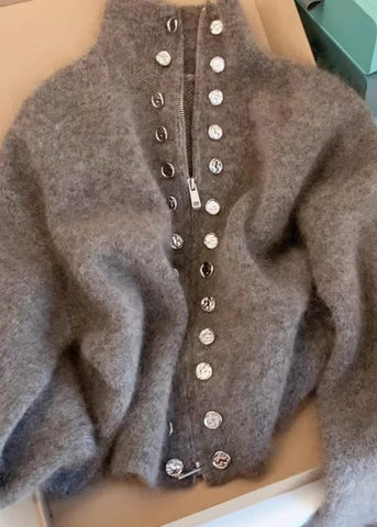 Beautiful Grey High Neck Zip Up Woolen Knit Cardigans Spring TN025 ABC