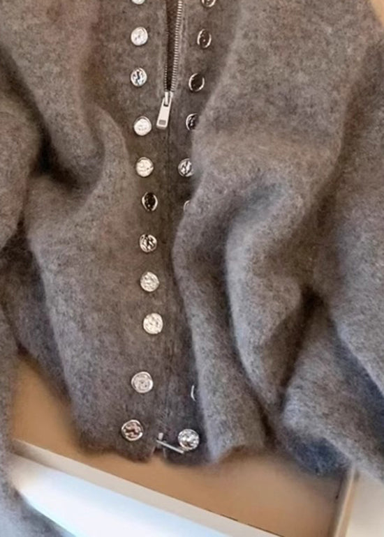Beautiful Grey High Neck Zip Up Woolen Knit Cardigans Spring TN025 ABC