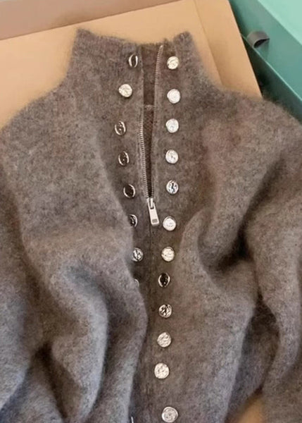 Beautiful Grey High Neck Zip Up Woolen Knit Cardigans Spring TN025 ABC