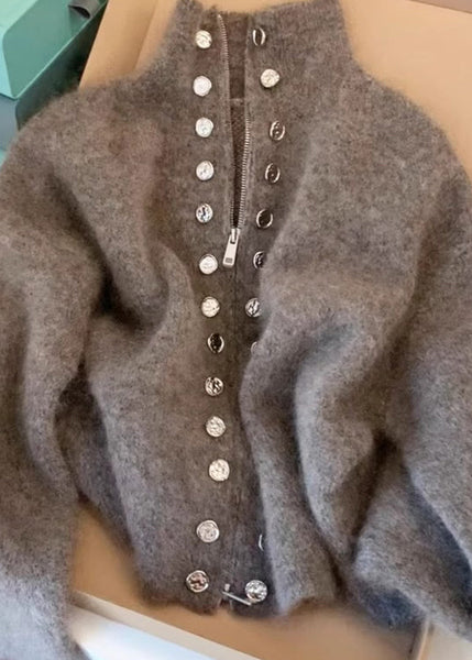 Beautiful Grey High Neck Zip Up Woolen Knit Cardigans Spring TN025 ABC