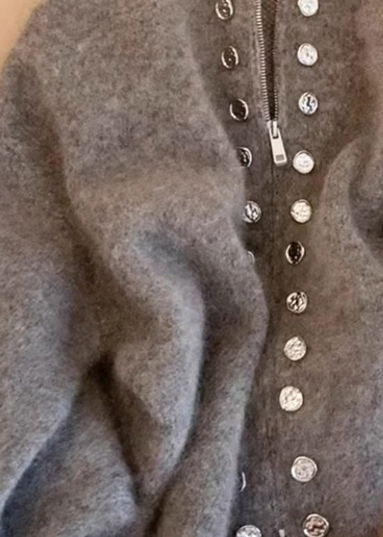 Beautiful Grey High Neck Zip Up Woolen Knit Cardigans Spring TN025 ABC