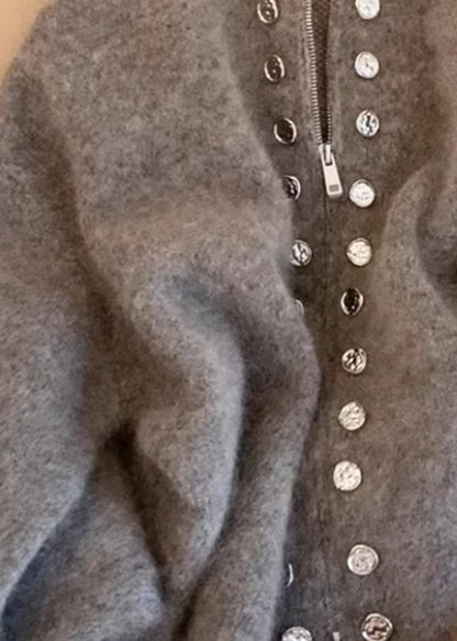 Beautiful Grey High Neck Zip Up Woolen Knit Cardigans Spring TN025 ABC