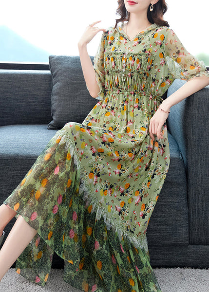 Beautiful Grey Ruffled Print Patchwork Silk Long Dresses Summer BB009 Hawaii-SDL240622