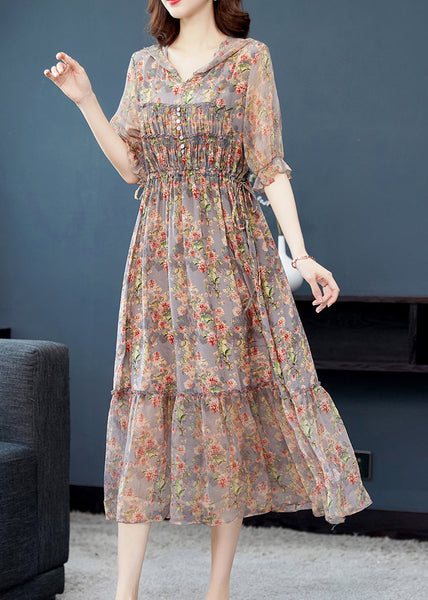 Beautiful Grey Ruffled Print Patchwork Silk Long Dresses Summer BB009 Hawaii-SDL240622