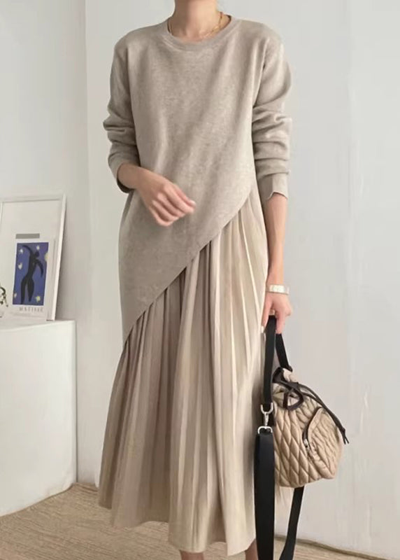 Beautiful Khaki Asymmetrical Wrinkled Knit Dress Two Piece Set Spring TZ021