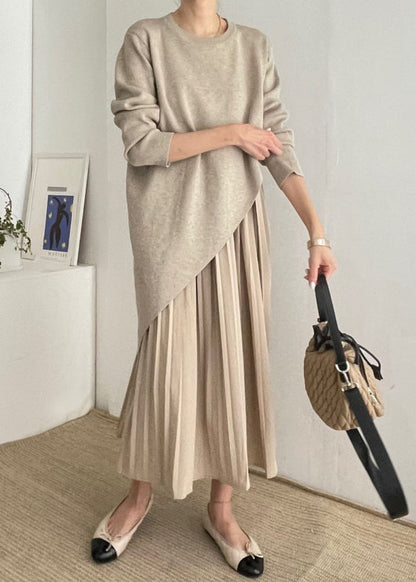 Beautiful Khaki Asymmetrical Wrinkled Knit Dress Two Piece Set Spring TZ021