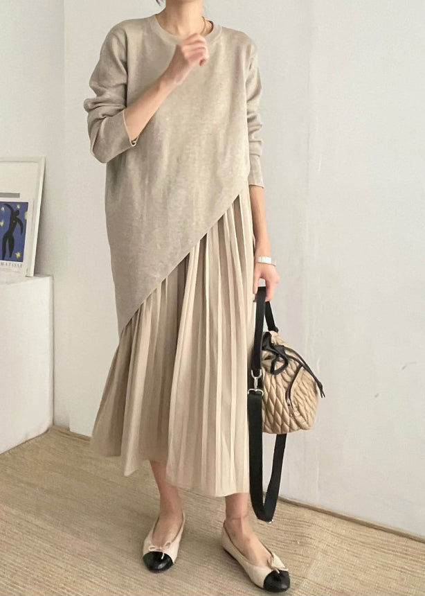 Beautiful Khaki Asymmetrical Wrinkled Knit Dress Two Piece Set Spring TZ021