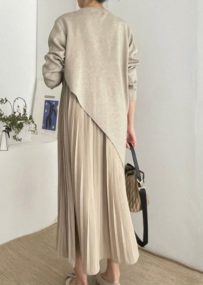 Beautiful Khaki Asymmetrical Wrinkled Knit Dress Two Piece Set Spring TZ021