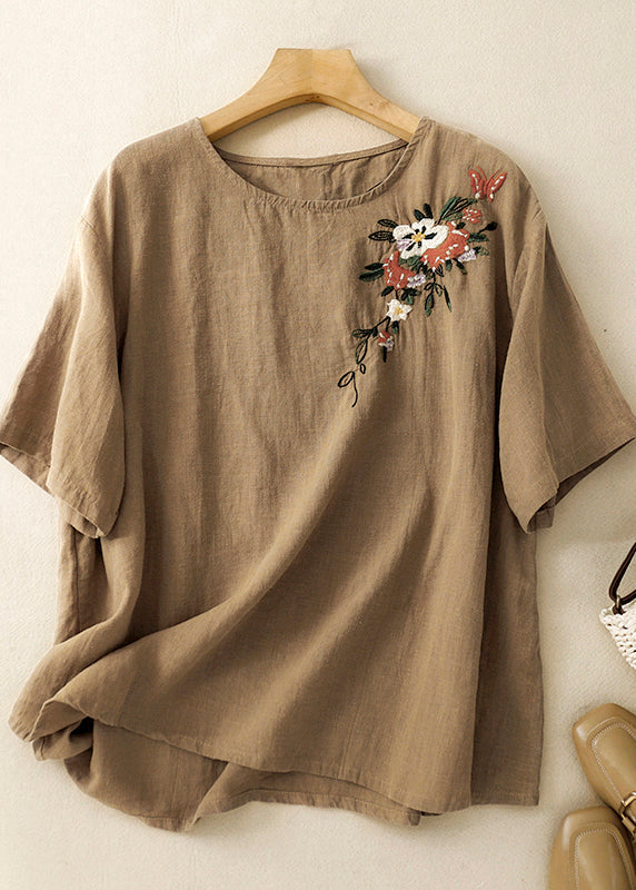 Beautiful Khaki O Neck Embroidered Linen T Shirts Summer AM1038 Genistyle Shop