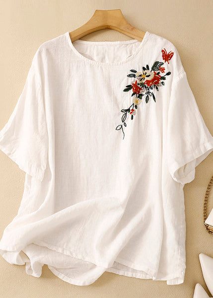 Beautiful Khaki O Neck Embroidered Linen T Shirts Summer AM1038 Genistyle Shop
