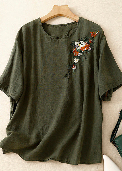 Beautiful Khaki O Neck Embroidered Linen T Shirts Summer AM1038 Genistyle Shop