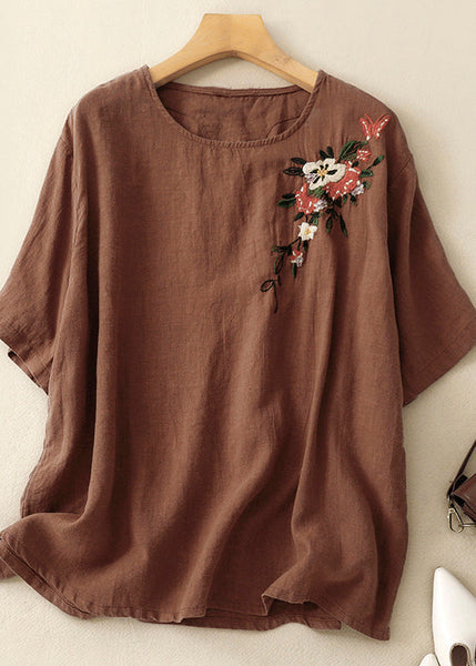 Beautiful Khaki O Neck Embroidered Linen T Shirts Summer AM1038 Genistyle Shop