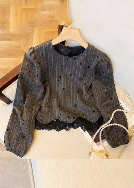 Beautiful Khaki Patchwork Hole Hollow Out Shirts Fall WR042 OL-LTP241103