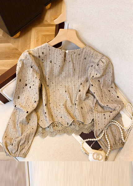 Beautiful Khaki Patchwork Hole Hollow Out Shirts Fall WR042 OL-LTP241103