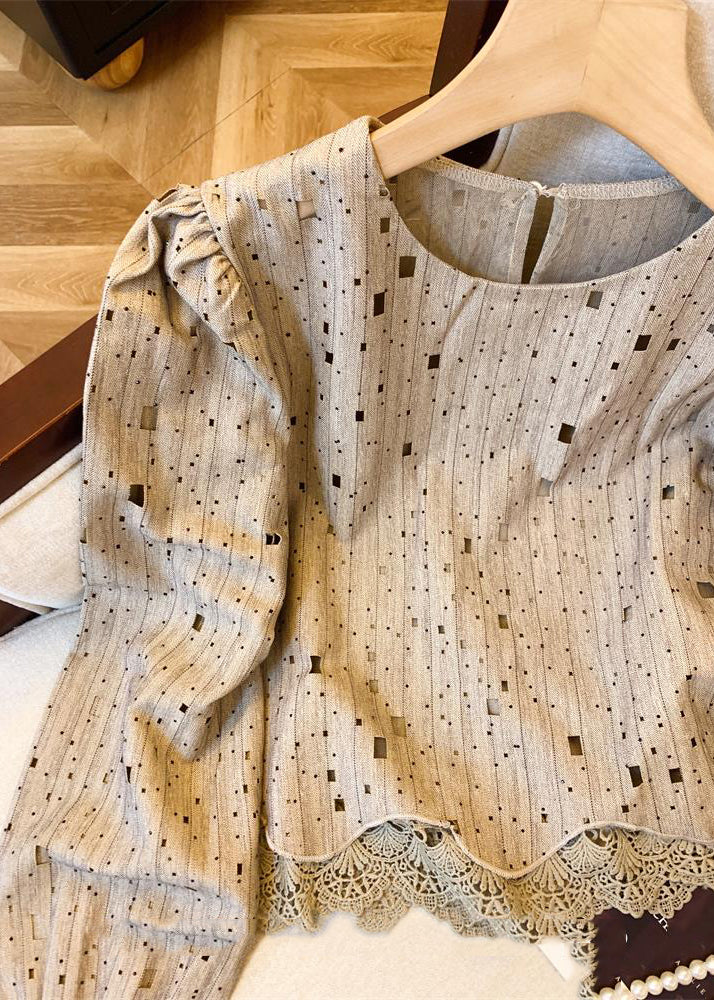 Beautiful Khaki Patchwork Hole Hollow Out Shirts Fall WR042 OL-LTP241103