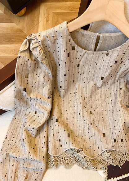 Beautiful Khaki Patchwork Hole Hollow Out Shirts Fall WR042 OL-LTP241103