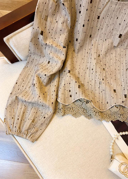 Beautiful Khaki Patchwork Hole Hollow Out Shirts Fall WR042 OL-LTP241103