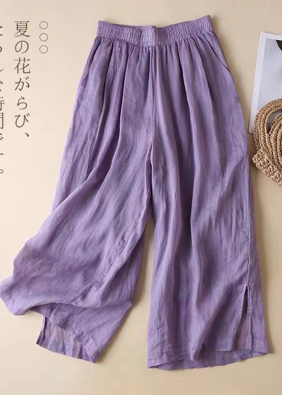 Elastic Beautiful Pants Open Waist Lavender Straight Linen Side FashionChic