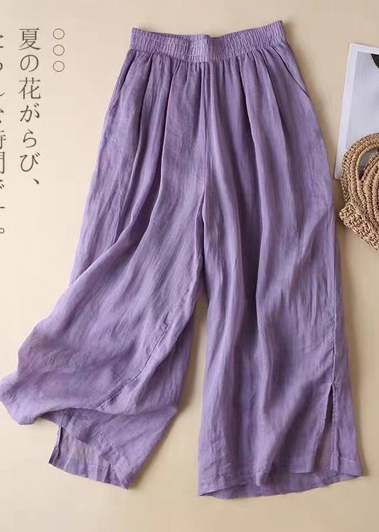 Elastic Beautiful Pants Open Waist Lavender Straight Linen Side FashionChic