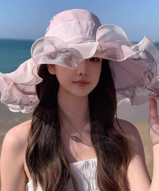 Light Print Beautiful Hat Sun Floppy Pink Ruffled FashionChic