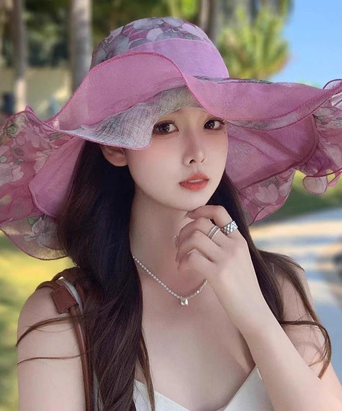 Light Print Beautiful Hat Sun Floppy Pink Ruffled FashionChic