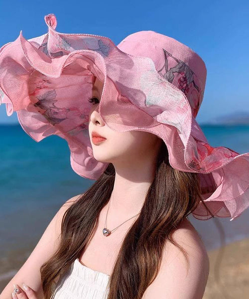 Light Print Beautiful Hat Sun Floppy Pink Ruffled FashionChic