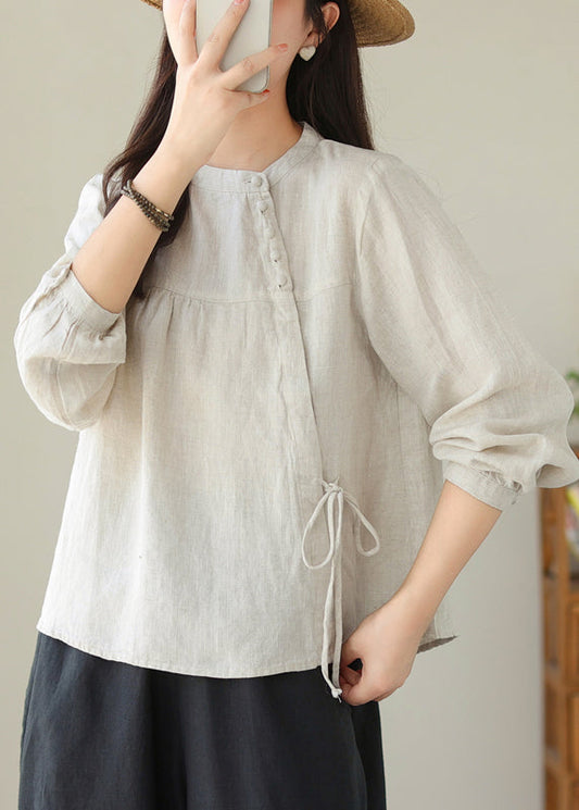 Beautiful Linen Stand Collar Lace Up Cotton Shirt Top Spring TJ027