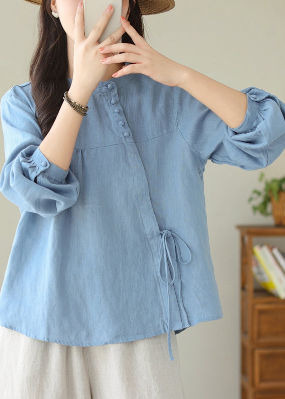 Beautiful Linen Stand Collar Lace Up Cotton Shirt Top Spring TJ027