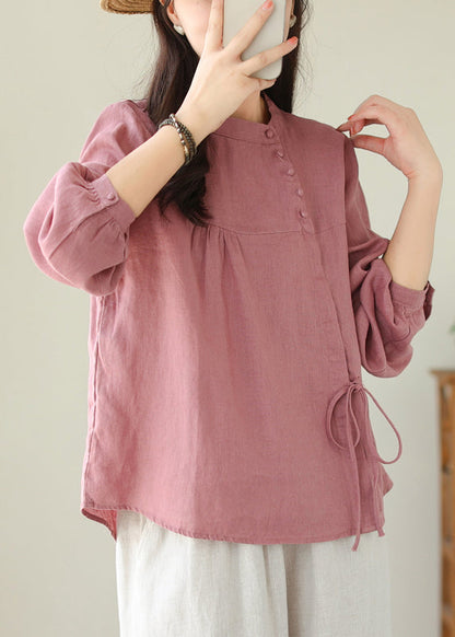 Beautiful Linen Stand Collar Lace Up Cotton Shirt Top Spring TJ027