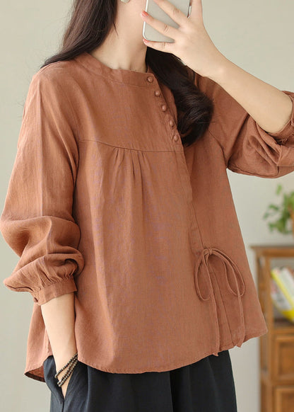 Beautiful Linen Stand Collar Lace Up Cotton Shirt Top Spring TJ027