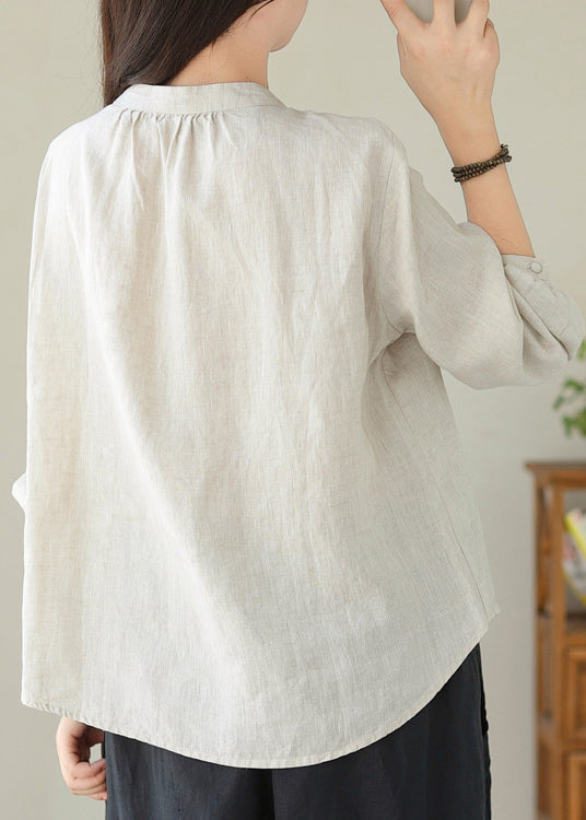 Beautiful Linen Stand Collar Lace Up Cotton Shirt Top Spring TJ027